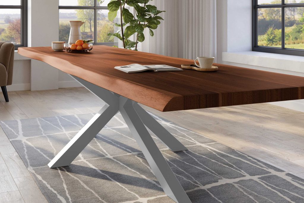 SAM_NEU-Esszimmer-Baumkante-Tische-Titan-Nuss-Spider-Silber-300×110-ML_Titan_300_nuss_Spider_silber_04